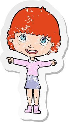 retro distressed sticker of a cartoon happy woman pointing