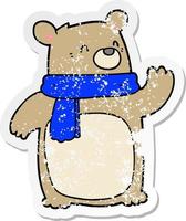 distressed sticker of a cartoon bear wearing scarf vector