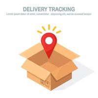 Opened carton, cardboard box with pointer, pin. Order tracking. Transportation, shipping  package in store, distibution concept vector