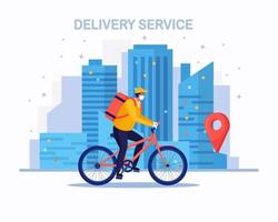 Free fast delivery service by bicycle. Courier delivers food order. Man in a respirator face mask with a parcel travels around the city. Prevention of coronovirus, Covid-19 vector