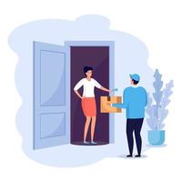 Guy delivers parcel to home door. Fast delivery service. Woman receives order cardboard box from the courier. Express shipping. Vectoor cartoon design vector
