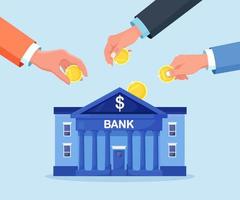 People Putting Gold Dollar Coins in Bank Building as Piggy Bank. Savings or Accumulation of Money. Cash Back. Investment. Money Exchange, Financial Services vector