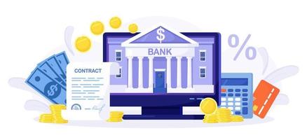 Mobile banking and internet payment. Online bank agreement. Loan contract. Financial building on computer screen. Banking Operation. Financial transactions, payments, money transfers and bank account vector