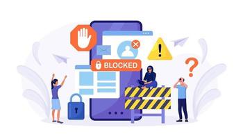 People are very surprised and feeling anxious about blocked user account. Experts help user to unblock account. Cyber crime, hacker attack, censorship or ransomware activity security vector