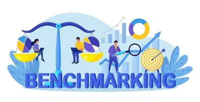 Benchmarking as business compare tool for improvement. Comparison of quality and cost, performance to competitor companies. Development strategy, plan and method vector