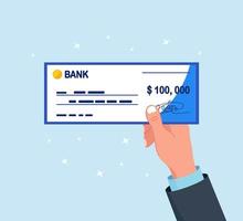 Man holds bank check with signature. Businessman with cheque book in hand. Payments and financial operations vector