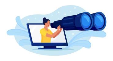 Young curious woman holding big binoculars in hand and looking far away, expecting and searching through computer. Optimization, programming process and web analytics. Business research, development vector