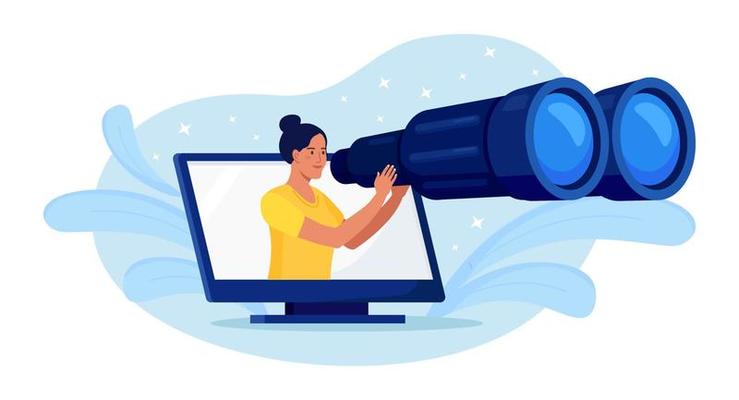 Young curious woman holding big binoculars in hand and looking far away, expecting and searching through computer. Optimization, programming process and web analytics. Business research, development