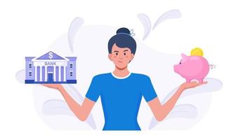 Woman choosing between bank and piggybank, thinking about instrument for saving, planning budget. Money savings. investment. Bank loan and economy choice. Financial literacy