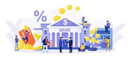 Bank building with money tree. Tiny People holds gold coins near Government Finance Department or Tax Office Column Building. vector