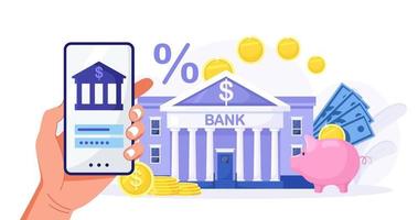 Mobile banking and finance management. Internet payments, transfers and deposits. Human hand hold smartphone for online banking and accounting. Manage finances save for future investment vector