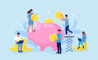 People putting Dollar Coin into Piggy Bank. Gold Coins Stack and Banknotes Bundle. Money Savings, Personal Investment, Finance, Funding. Open Bank Deposit, Capital Accumulation vector