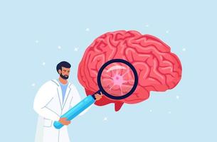 Scientist or Doctor holding magnifying glass with nerve cell. Diagnostics and Brain research. Chemical Experiment. Psychology and Neurology. Physician teaching about alzheimer, dementia disease vector