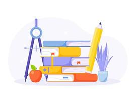 Reading books. Pile of library books, textbooks, drawing compass, school stationery. Literature, knowledge and education vector