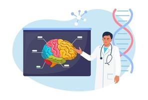 neurocirujano, neurólogo examina el cerebro. doctor señalando en el tablero de anuncios médicos con cerebro humano. médico o científico enseñando sobre alzheimer, enfermedad de demencia, enfermedad mental, neurología vector