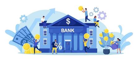 Bank building with money tree. Tiny People holds gold coins near Government Finance Department or Tax Office Column Building.  Bank financing, money exchange, saving or accumulating money vector
