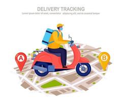 Free fast delivery service by scooter. Courier delivers food order. Man in a respirator face mask with a parcel travels on a map. Prevention of coronovirus, Covid-19 vector
