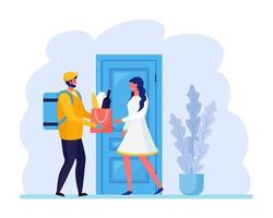 Guy delivers parcel to home door. Fast delivery service. Woman receives order food bag from the courier. Express shipping. Vectoor cartoon design vector