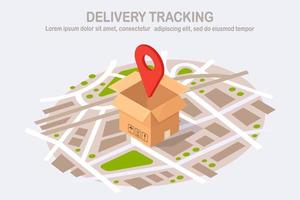 Order tracking. Open parcel with pin, pointer on map. Shipping of box, package, cargo transportation