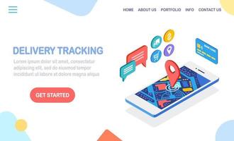 Order tracking. Isometric phone with delivery service app. Shipping of box, cargo transportation vector