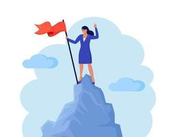 Business person climbed to top of mountain and hoisted flag on it. Career, professional achievement, ambition. Woman stands on mountain peak, celebrates victory. Business development, success, growth vector