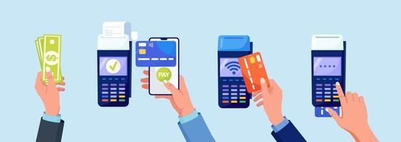 pago con tarjeta de crédito a través de la terminal pos, efectivo, pago sin contacto, pagos por aplicación de teléfono inteligente y recibo de transacción. banca en línea y dinero electrónico, nfc vector