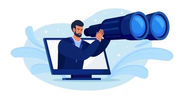 Young curious man holding big binoculars in hand and looking far away, expecting and searching through computer. Optimization, programming process and web analytics. Business research, development vector