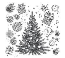 conjunto de navidad y año nuevo, ilustración dibujada a mano. vector. vector