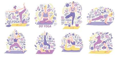 Yoga set girls in doodle style. cute cartoon illustrations hand-drawn people vector