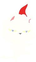 tough flat color illustration of a cat wearing santa hat vector