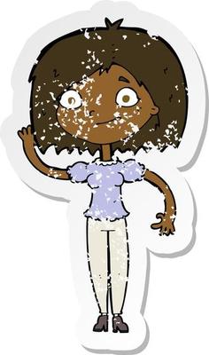 retro distressed sticker of a cartoon woman waving