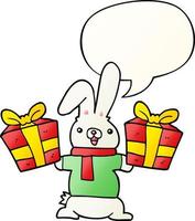 cartoon rabbit and christmas presents and speech bubble in smooth gradient style vector