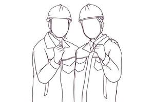 engineer team showing success gesture hand drawn style vector illustration