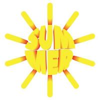 letras de verano en forma de sol. ilustración positiva, espíritu vacacional y playero. impresión de pegatinas, ropa, tarjetas, regalos, diseño y decoración. ilustración estacional, formas 3d vector