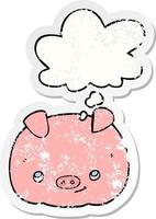 cartoon happy pig and thought bubble as a distressed worn sticker vector