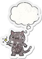 cartoon cat scratching and thought bubble as a distressed worn sticker vector