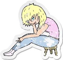 retro distressed sticker of a cartoon woman sitting on small stool vector