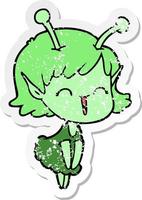 distressed sticker of a cartoon alien girl laughing vector