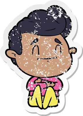distressed sticker of a happy cartoon man sitting