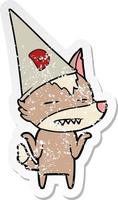 distressed sticker of a cartoon wolf wearing dunce hat vector