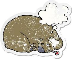 cartoon bear with a sore head and thought bubble as a distressed worn sticker vector