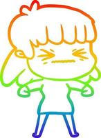 rainbow gradient line drawing cartoon angry girl vector