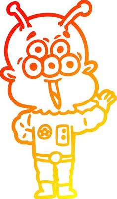 warm gradient line drawing happy cartoon alien waving