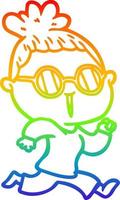 rainbow gradient line drawing cartoon running woman wearing spectacles vector