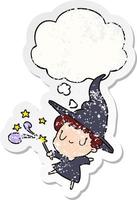 cartoon witch and thought bubble as a distressed worn sticker vector