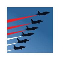 ilustración vectorial de seis aviones de combate negros que emiten humo rojo y blanco