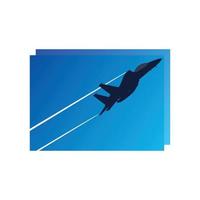 ilustración vectorial de un avión de combate de color azul oscuro que vuela sobre el cielo y emite humo vector