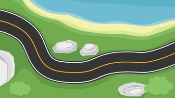 Vector or illustration of above view of asphalt road with white and yellow line. Curving road path next to the beach with stone and green grass.