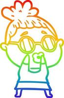 rainbow gradient line drawing cartoon woman wearing spectacles vector