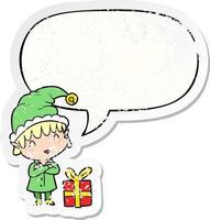 cartoon happy christmas elf and speech bubble distressed sticker vector